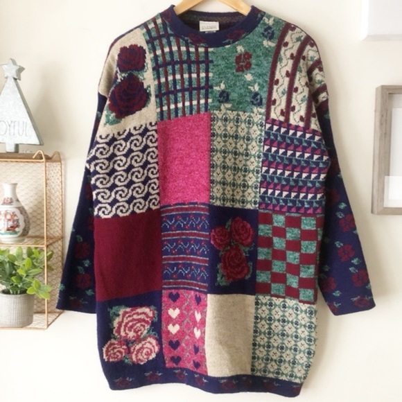 Vintage 90s Patchwork Mixed Pattern Colorful Statement Sweater Made in USA Sz M - Picture 2 of 11